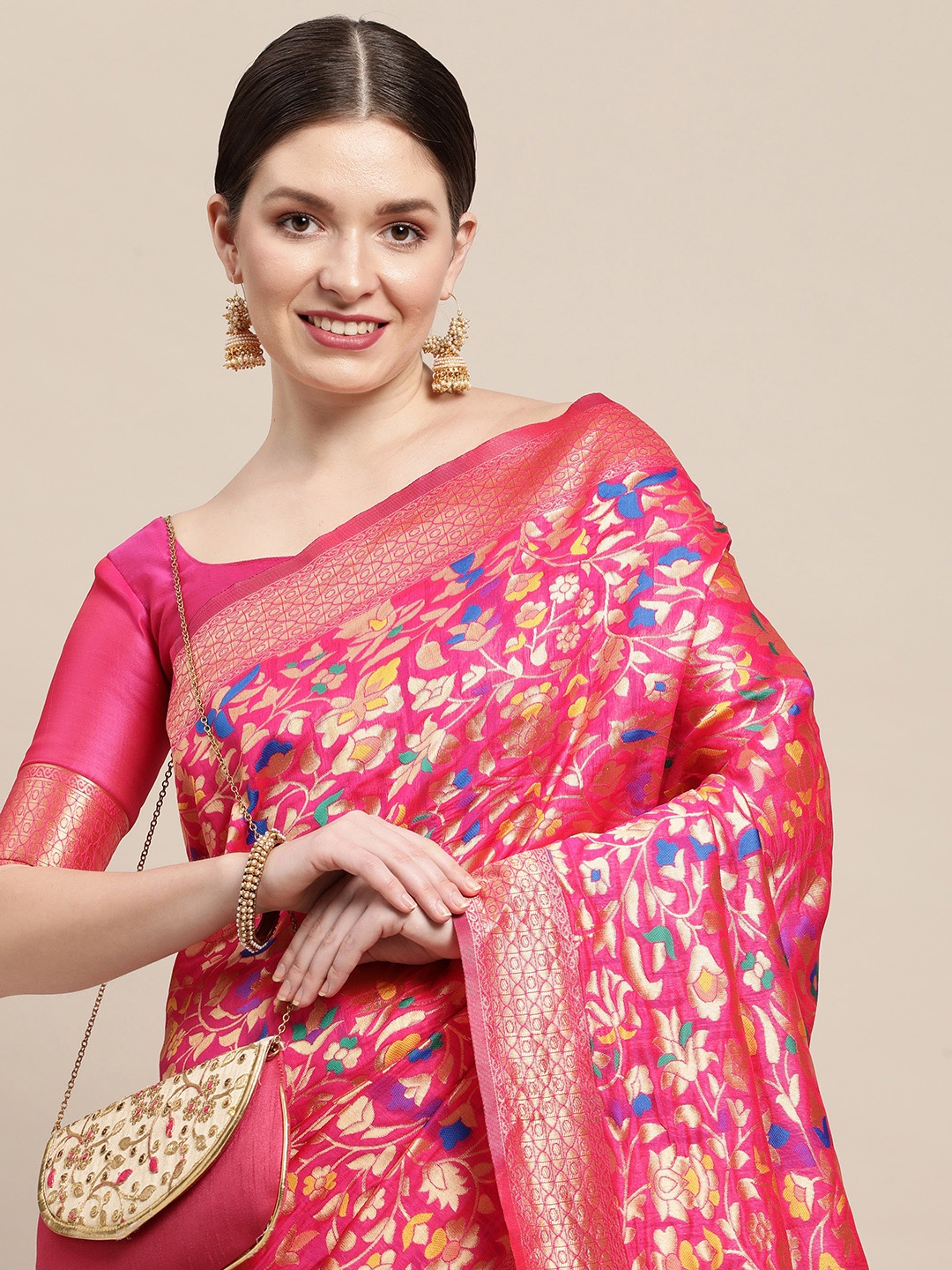 

Saree mall Pink & Gold-Toned Floral Print Silk Blend Banarasi Saree