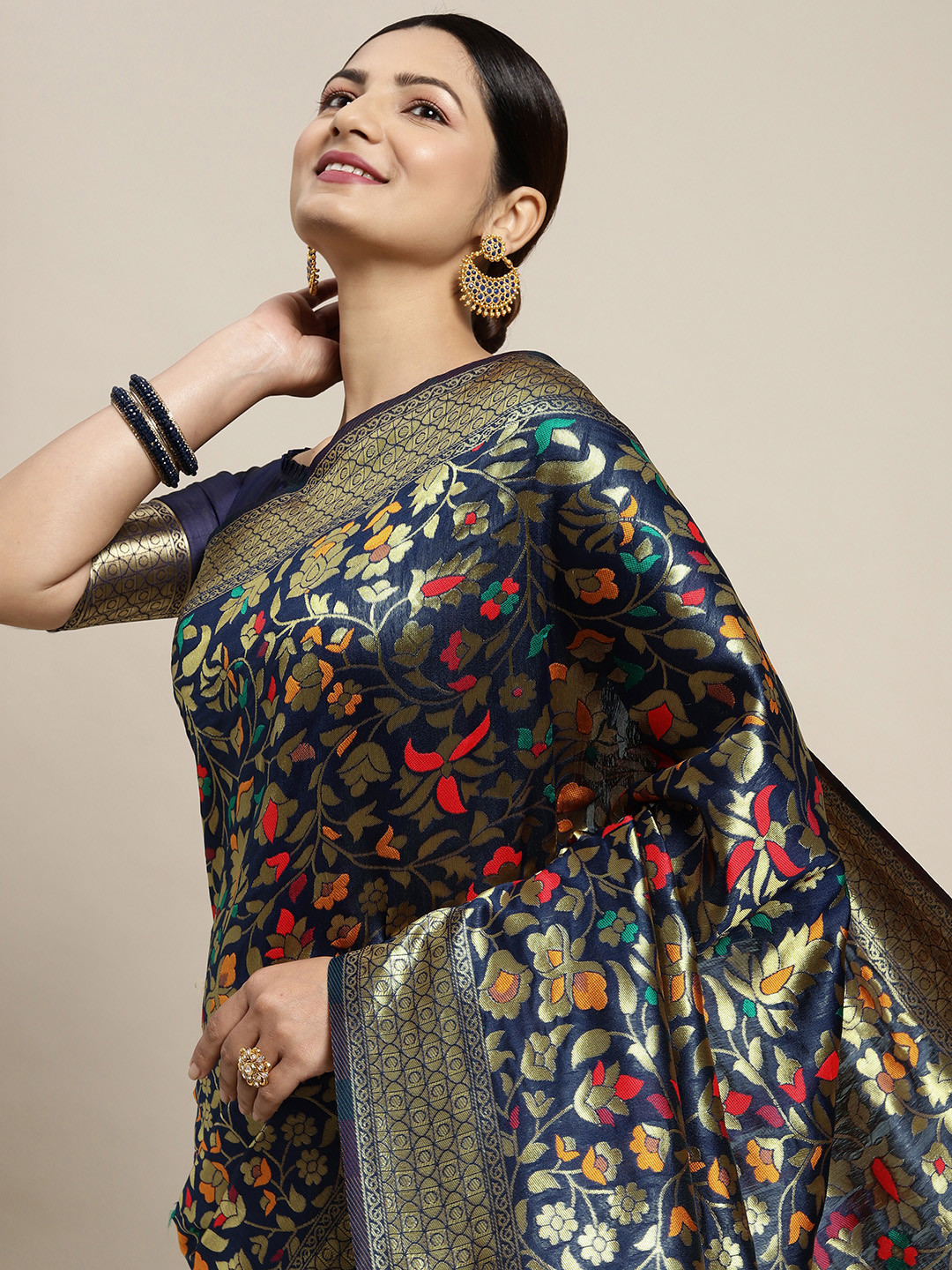 

Saree mall Navy Blue & Gold-Toned Floral Zari Silk Blend Banarasi Sarees