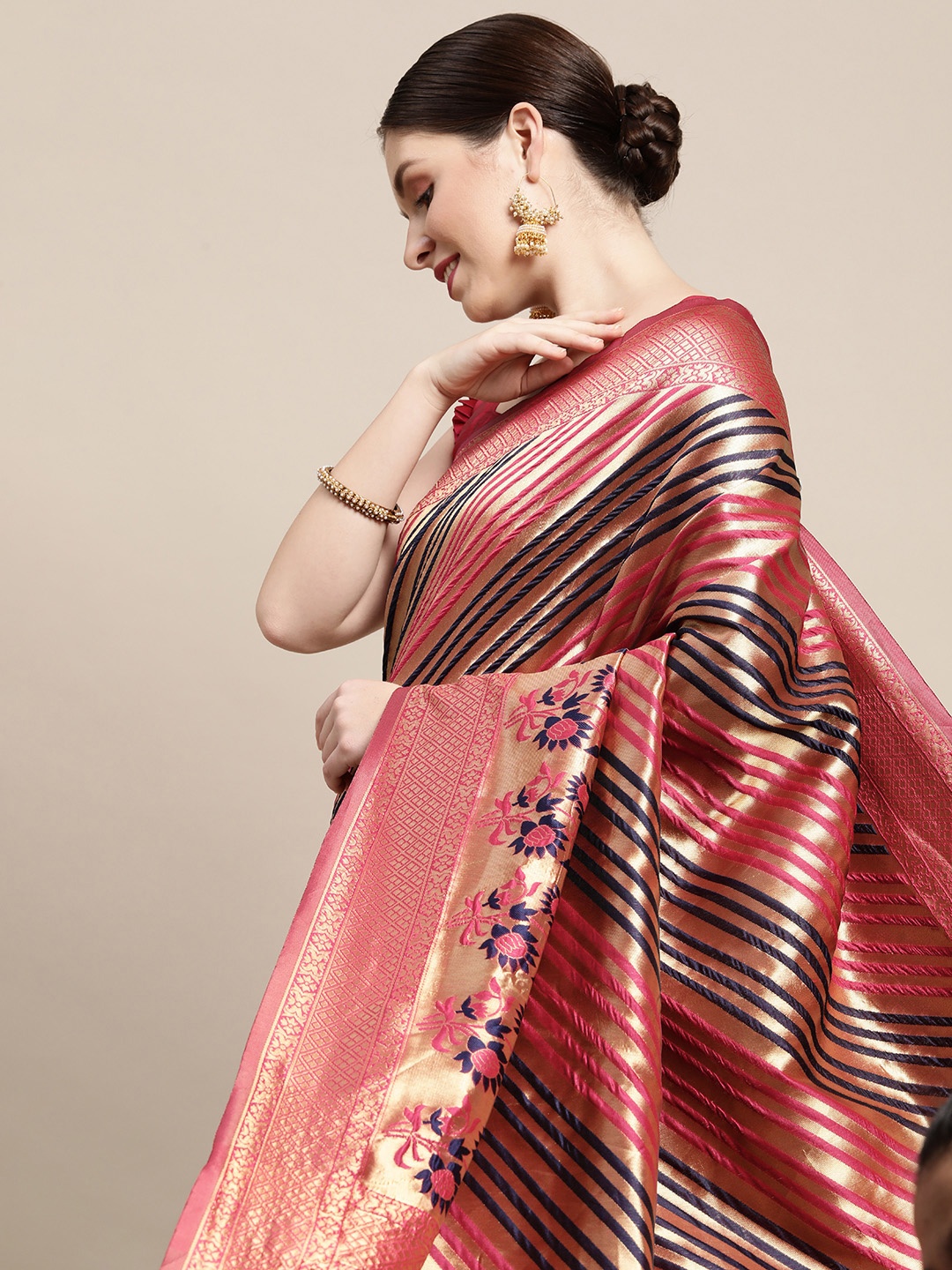 

Saree mall Pink & Navy Blue Striped Zari Silk Blend Celebrity Kanjeevaram Sarees