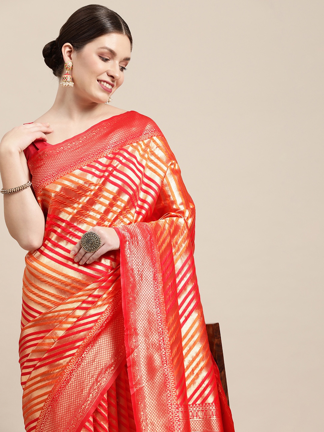 

Saree mall Red & Orange Leheriya Print Silk Blend Kanjeevaram Sarees