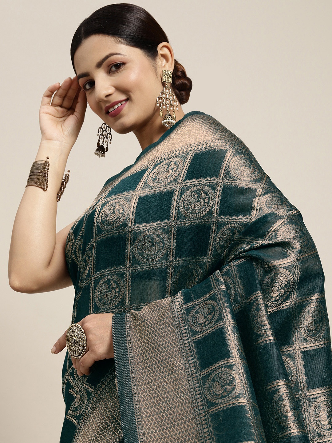 

Saree mall Teal Green & Silver Woven Design Patola Saree