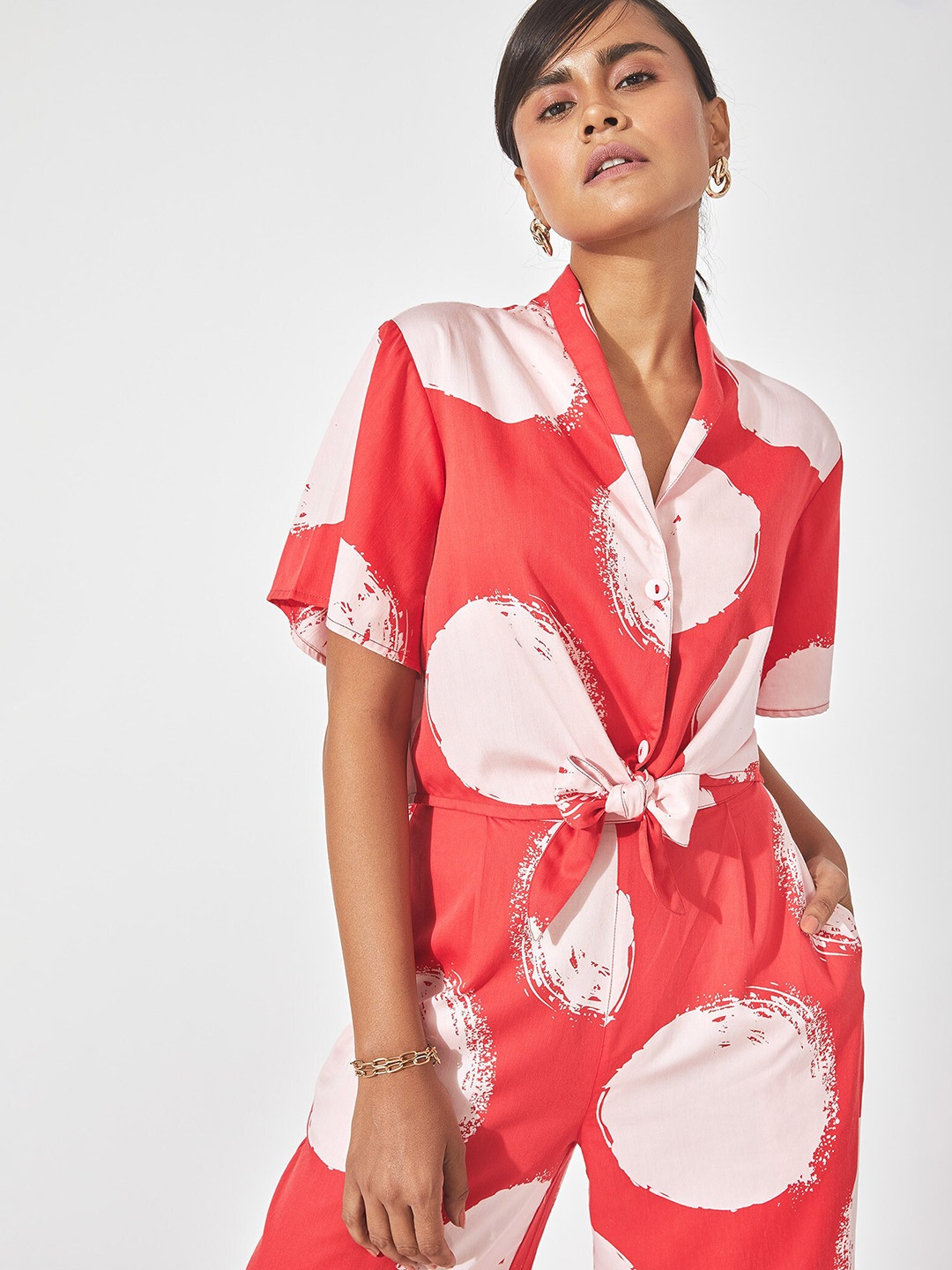 

The Label Life Women Red Polka Print Crop Casual Shirt
