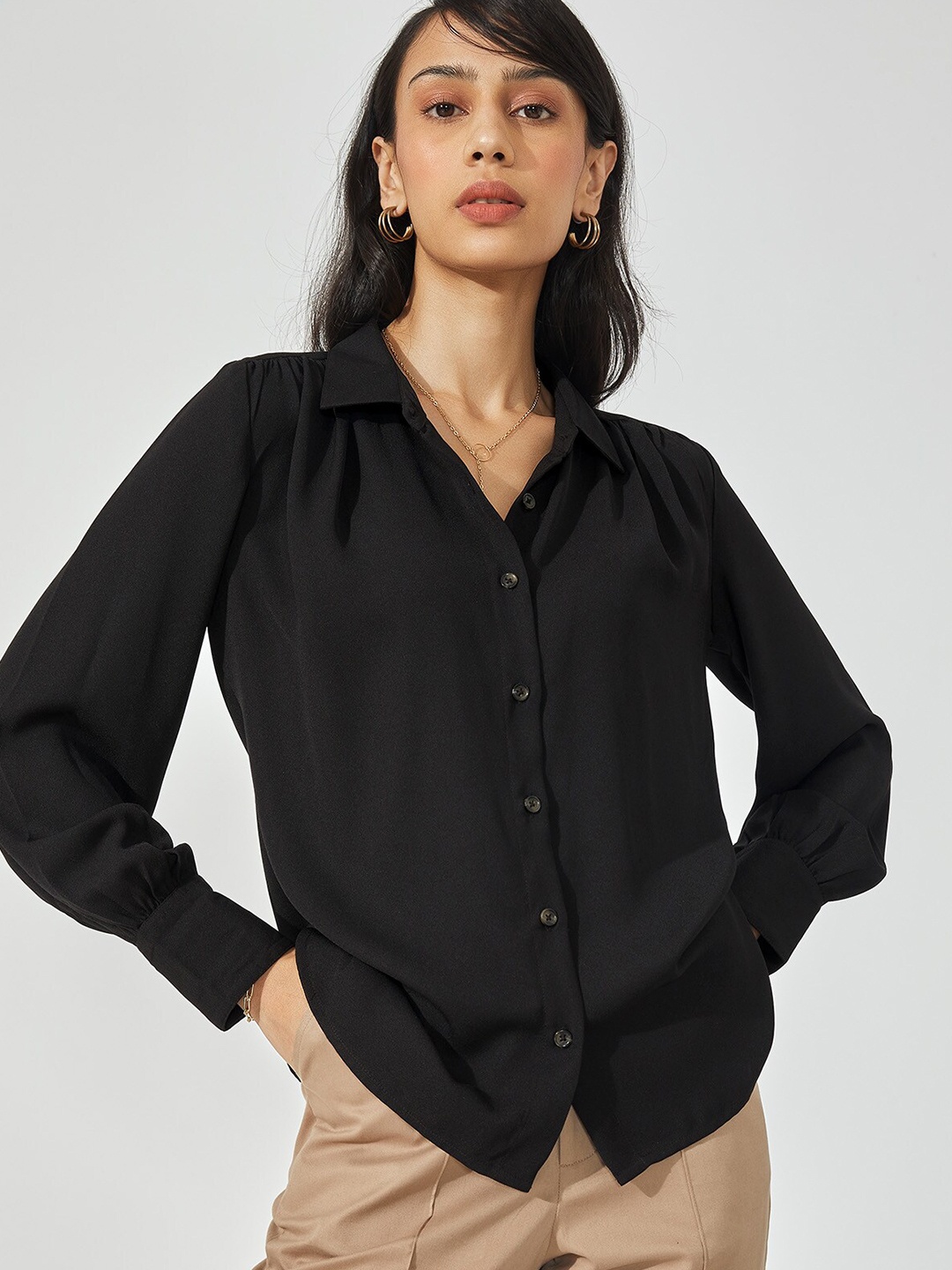 

The Label Life Women Black Shoulder Gathered Casual Shirt