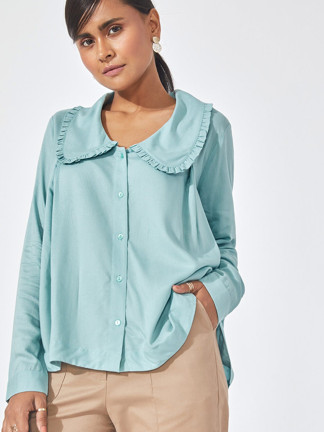 

The Label Life Women Aqua Blue Ruffled Collar Casual Shirt