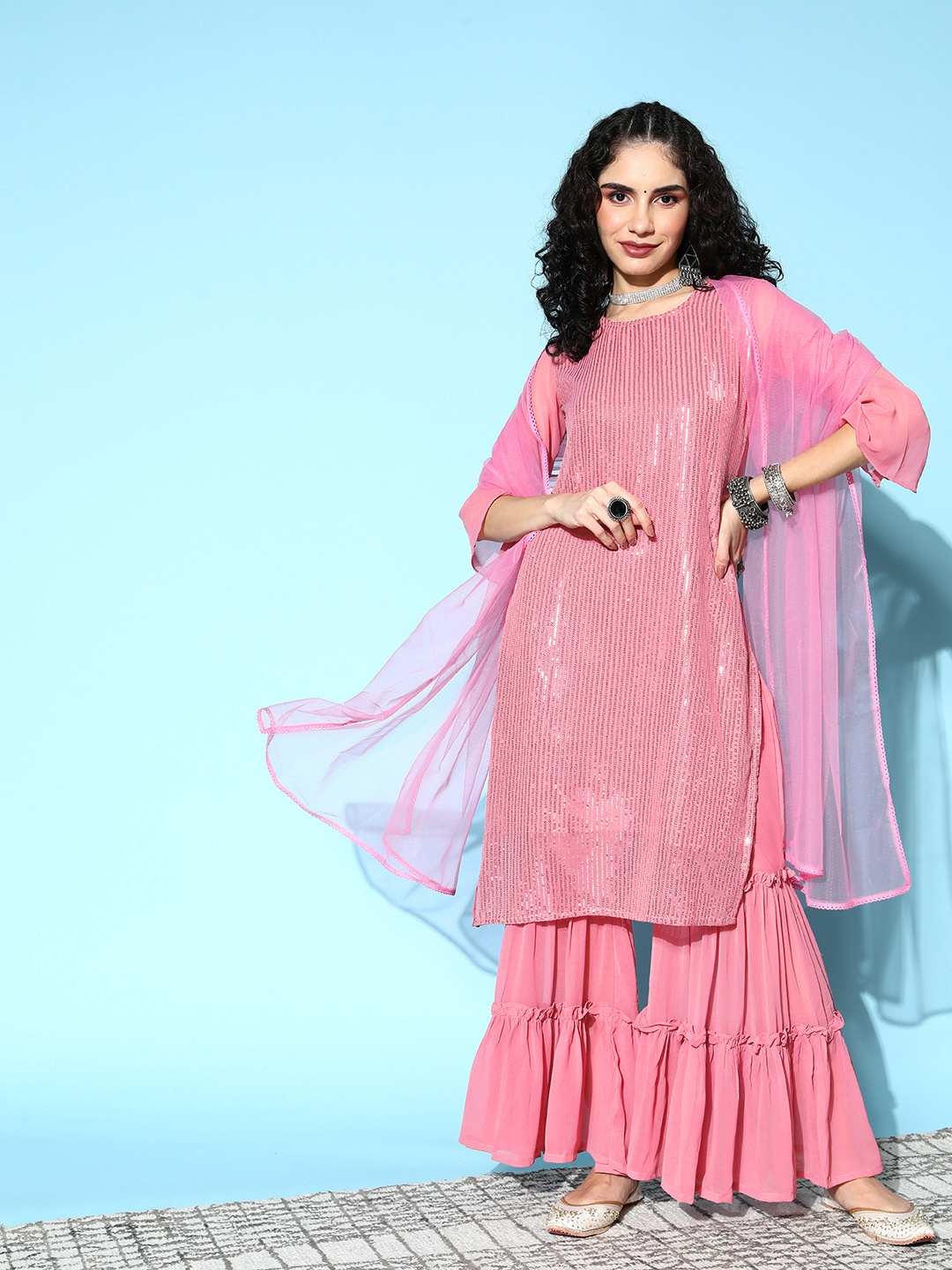

Tikhi Imli Women Pink Embroidered Sequinned Kurta with Sharara & Dupatta