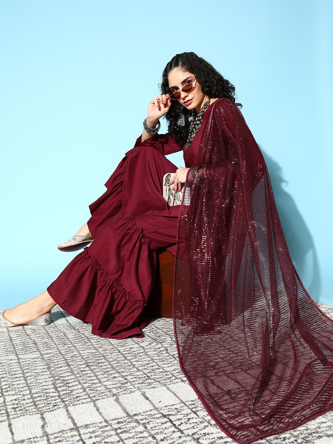 

Tikhi Imli Women Burgundy Kurta with Sharara & Dupatta