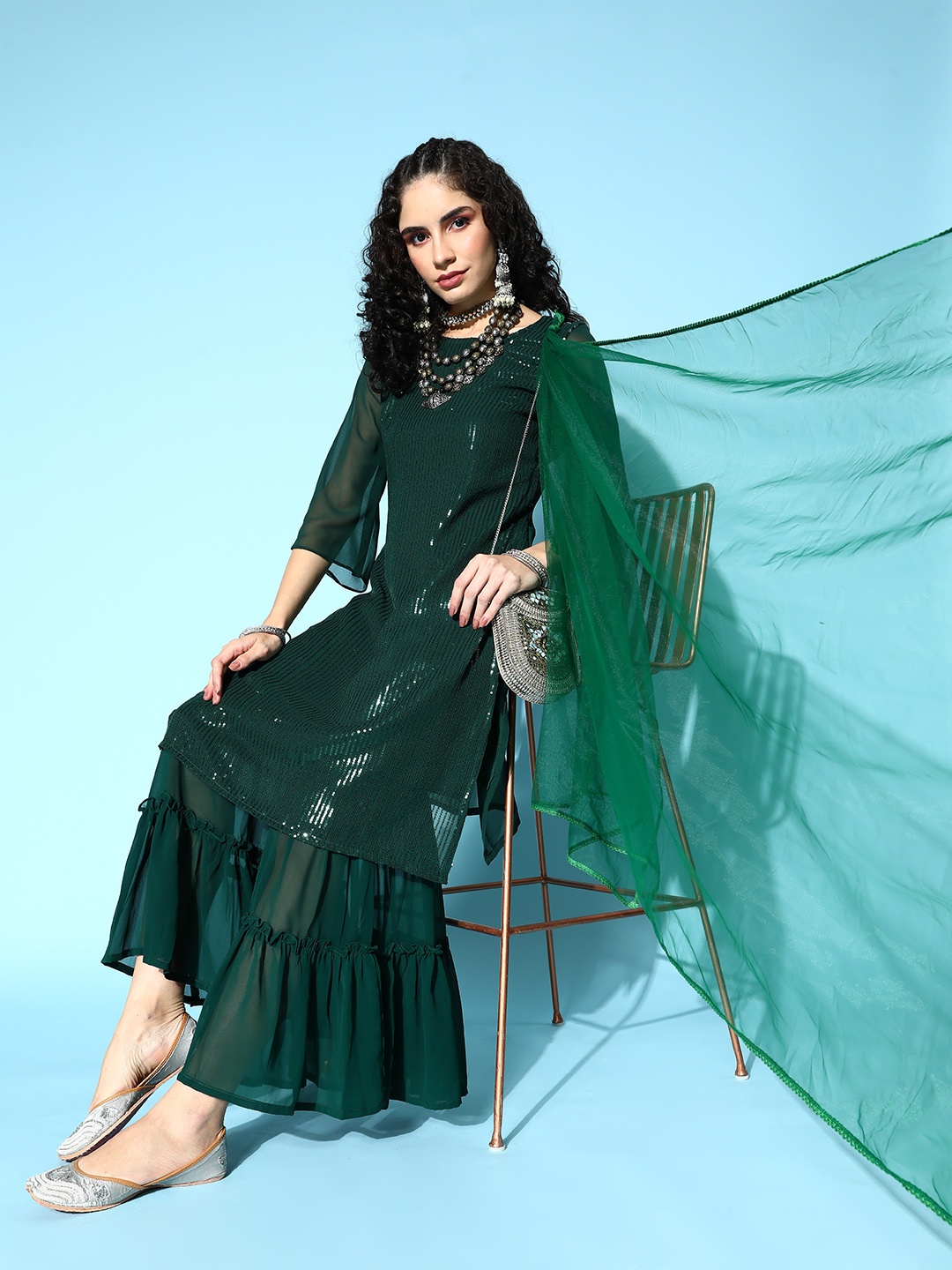 

Tikhi Imli Women Green Embroidered Sequinned Kurta with Sharara & Dupatta