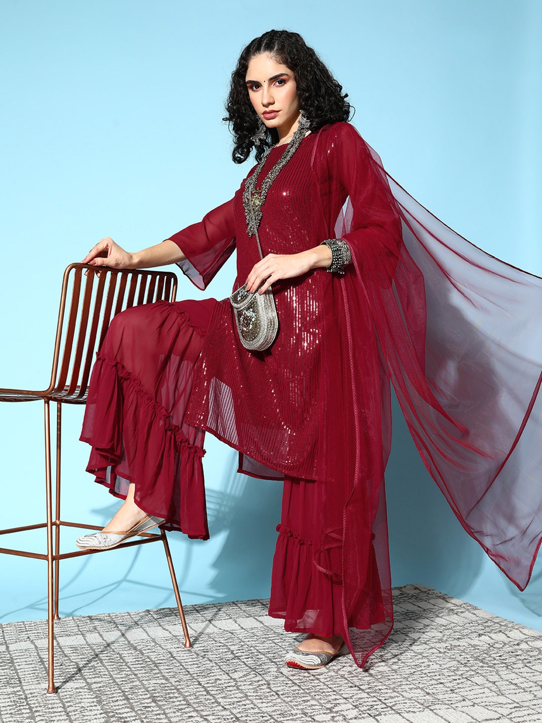 

Tikhi Imli Women Maroon Embroidered Sequinned Kurta with Sharara & Dupatta