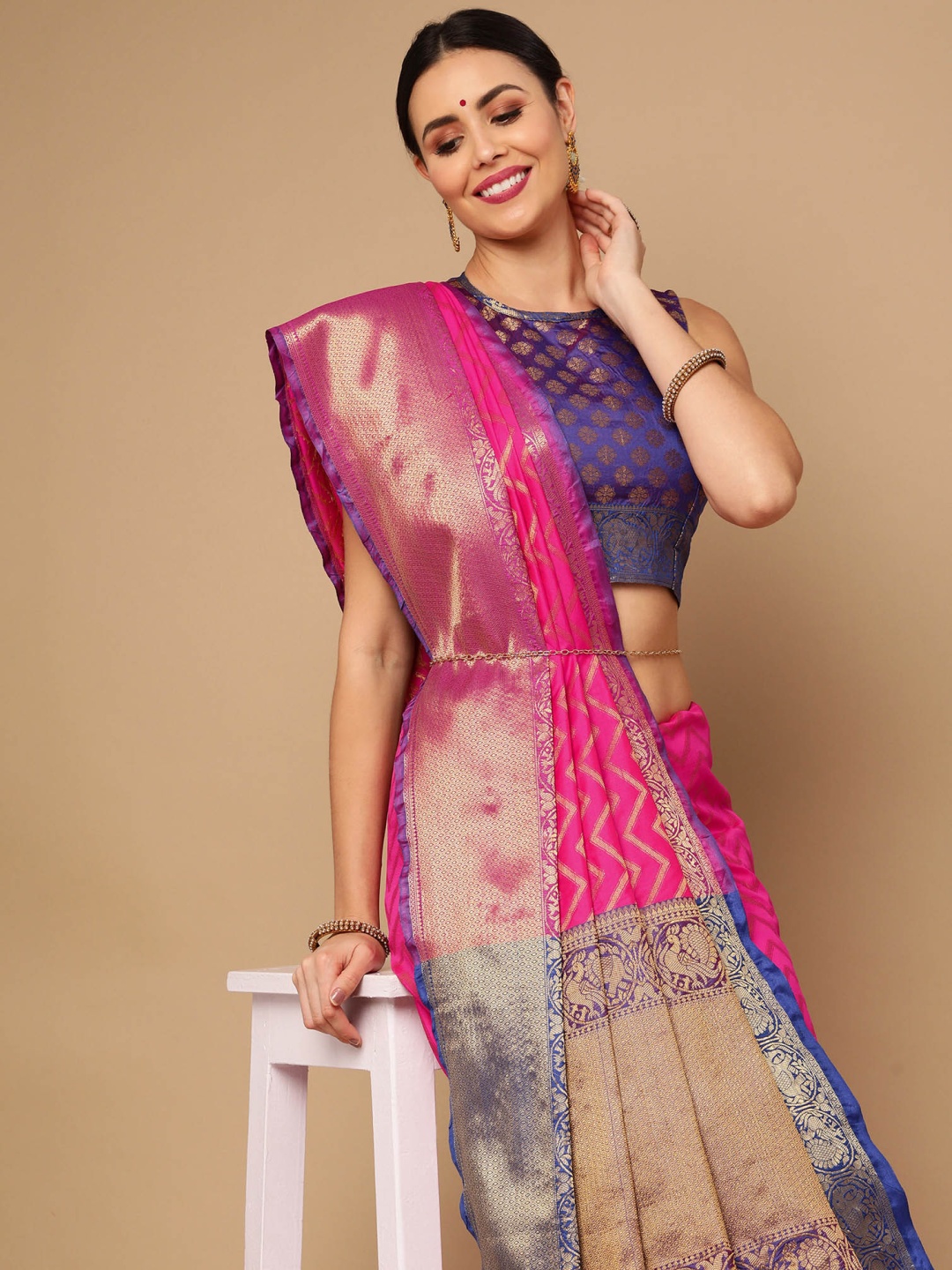 

Satrani Pink & Blue Woven Design Zari Banarasi Saree