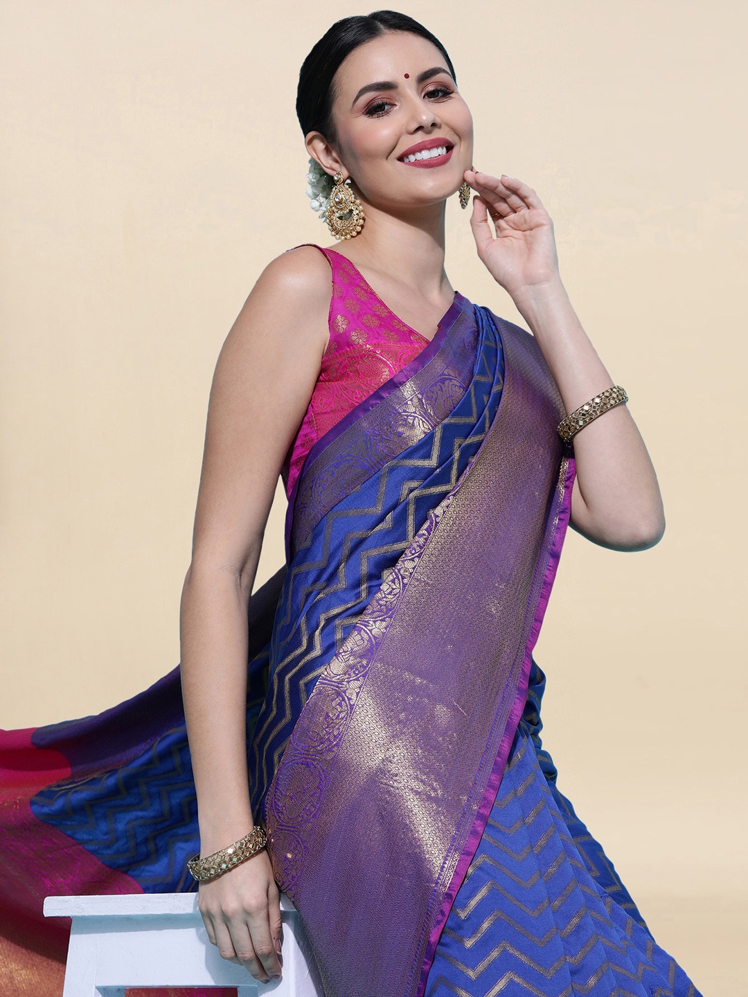 

Satrani Blue & Gold-Toned Woven Design Zari Banarasi Saree