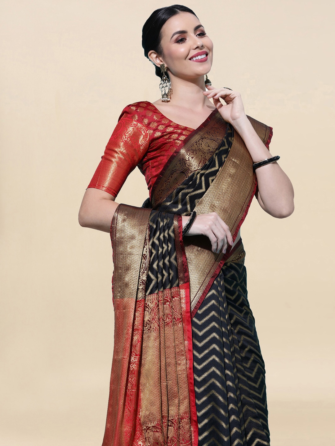 

Satrani Black & Red Woven Design Zari Banarasi Saree