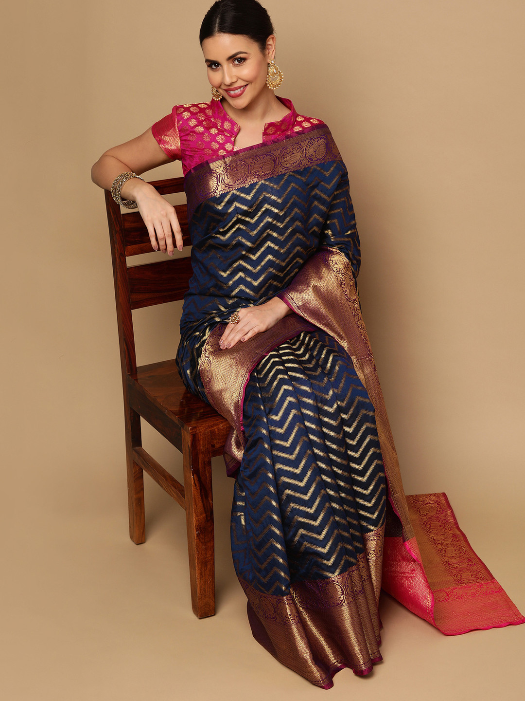 

Satrani Blue & Pink Woven Design Zari Banarasi Saree