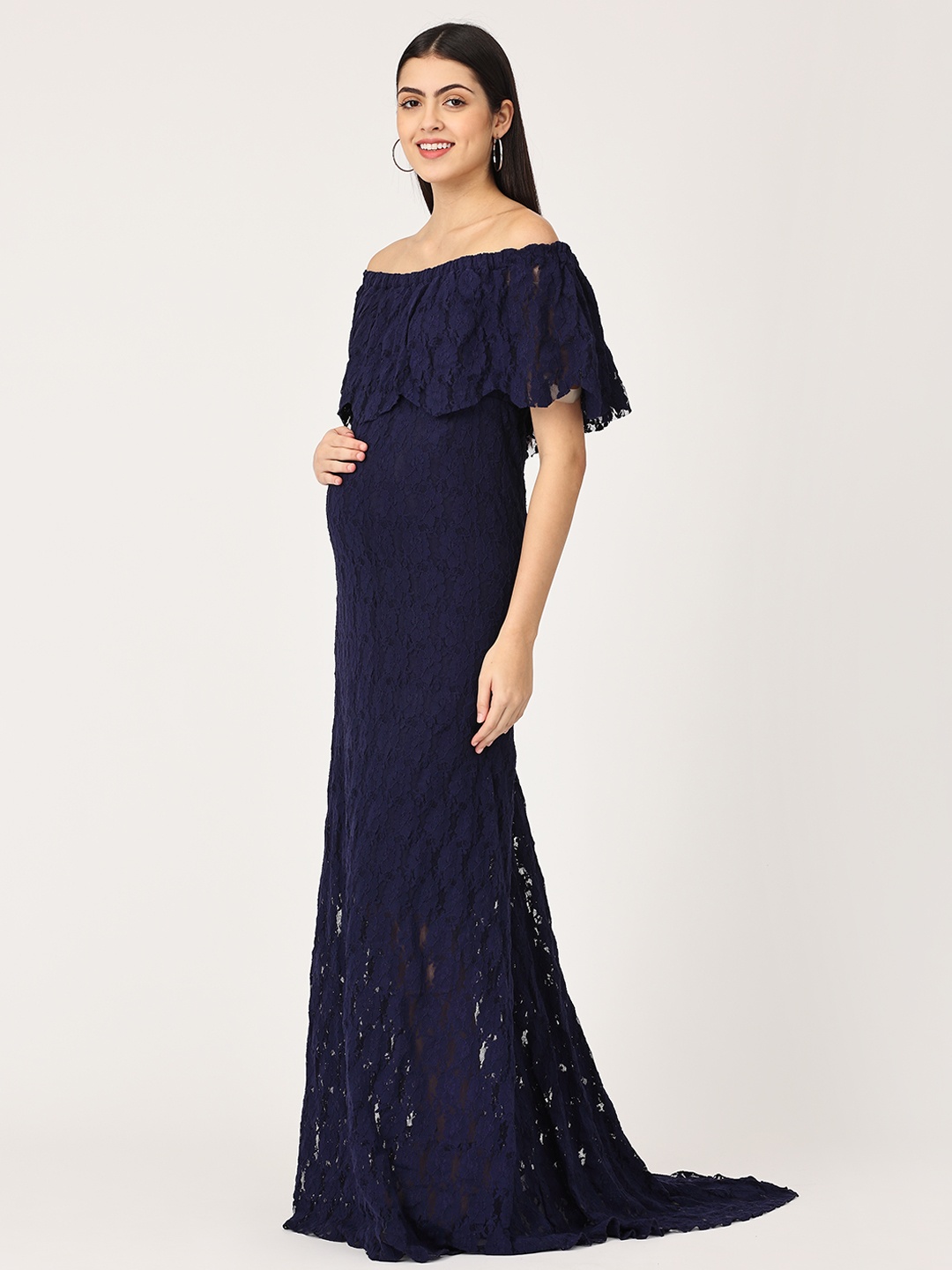 

The Mom Store Blue Off-Shoulder Lace Maxi Maternity Dress