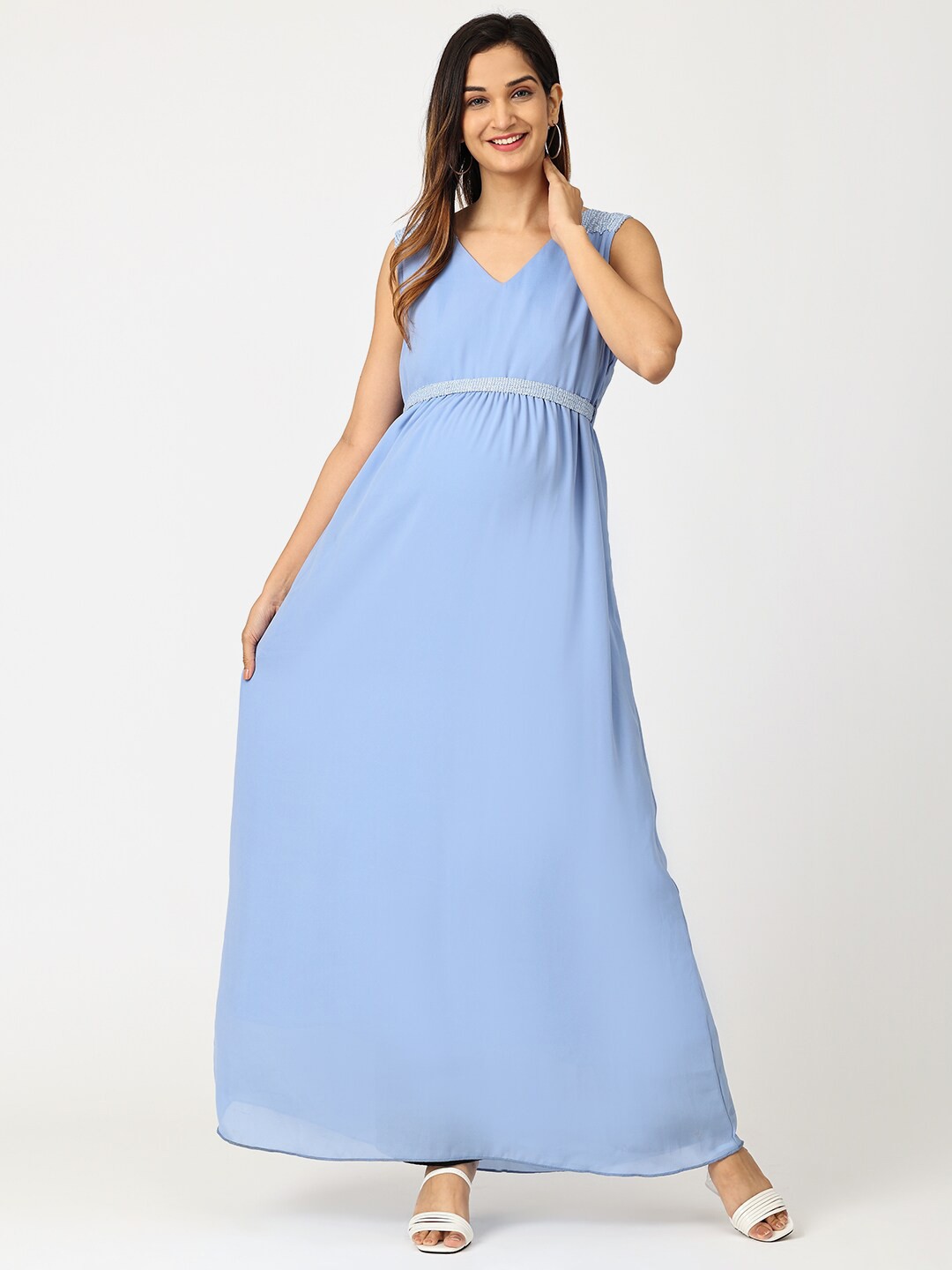 

The Mom Store Women Blue Solid Georgette Maternity Dress