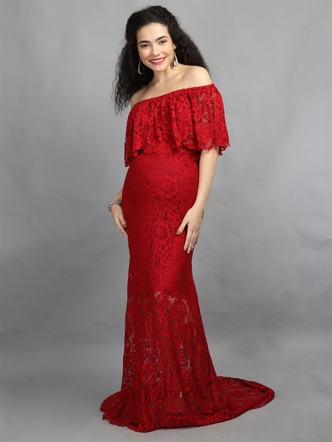 

The Mom Store Maroon Off-Shoulder Lace Maxi Maternity Dress