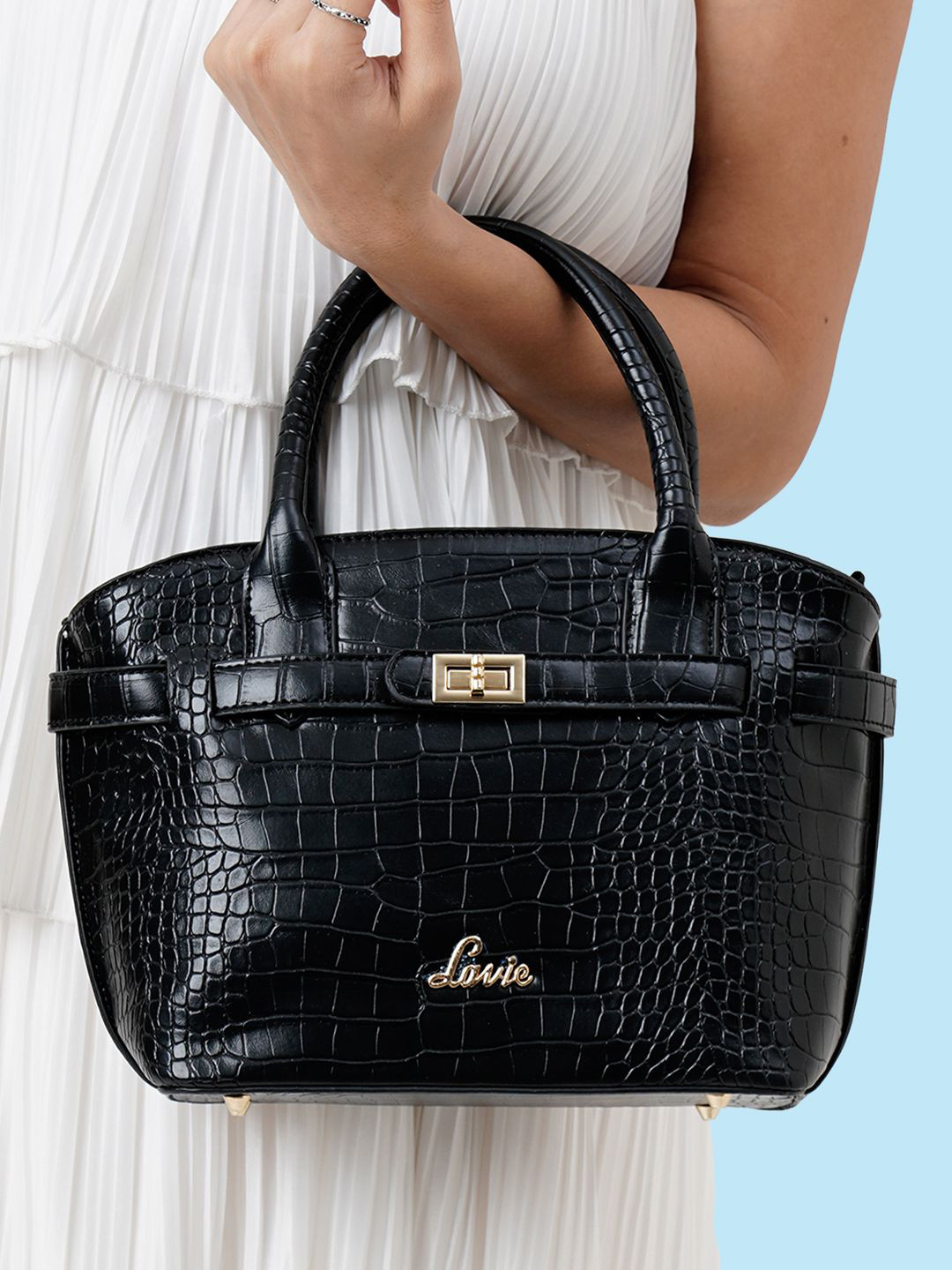 

Lavie Glossy Fally Black Animal Textured Structured Handheld Bag with Buckle Work