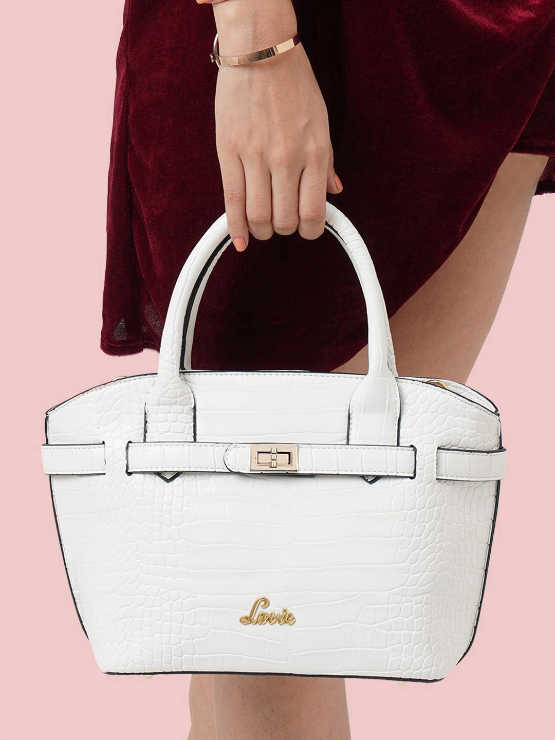 

Lavie Glossy Fally White Animal Textured Structured Handheld Bag with Buckle Work
