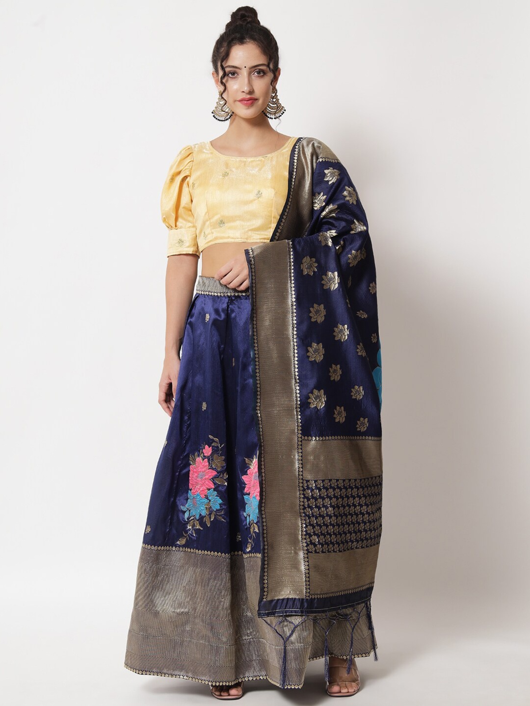 

Fabcartz Navy Blue & Beige Embroidered Ready to Wear Lehenga & Unstitched Blouse With Dupatta