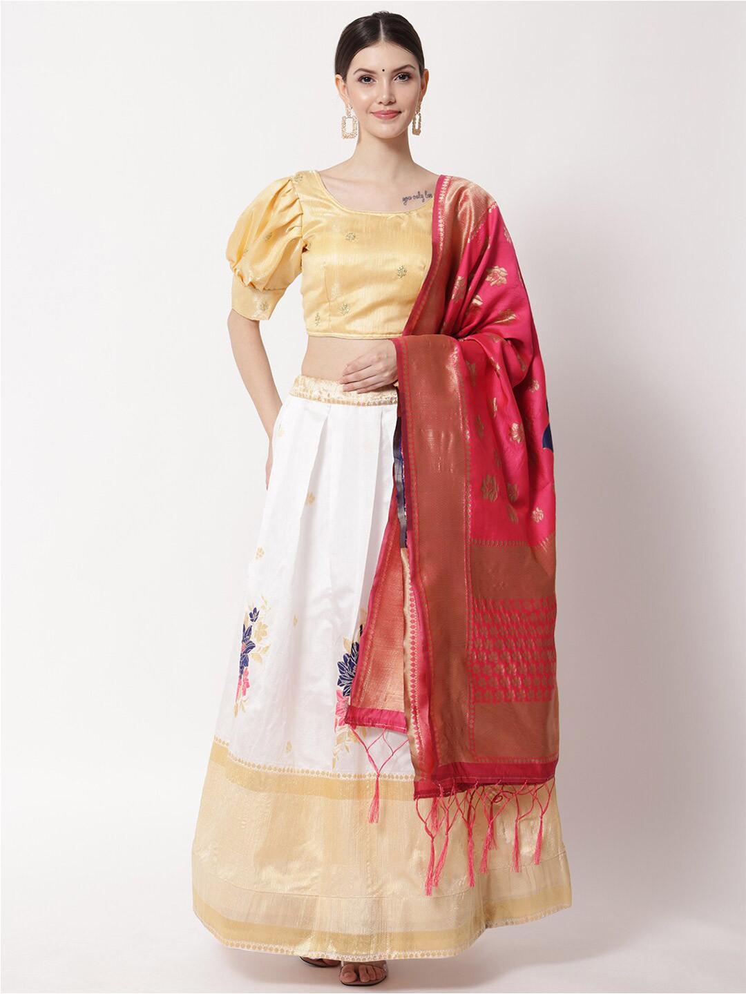 

Fabcartz White & Pink Embroidered Ready to Wear Lehenga & Unstitched Blouse With Dupatta