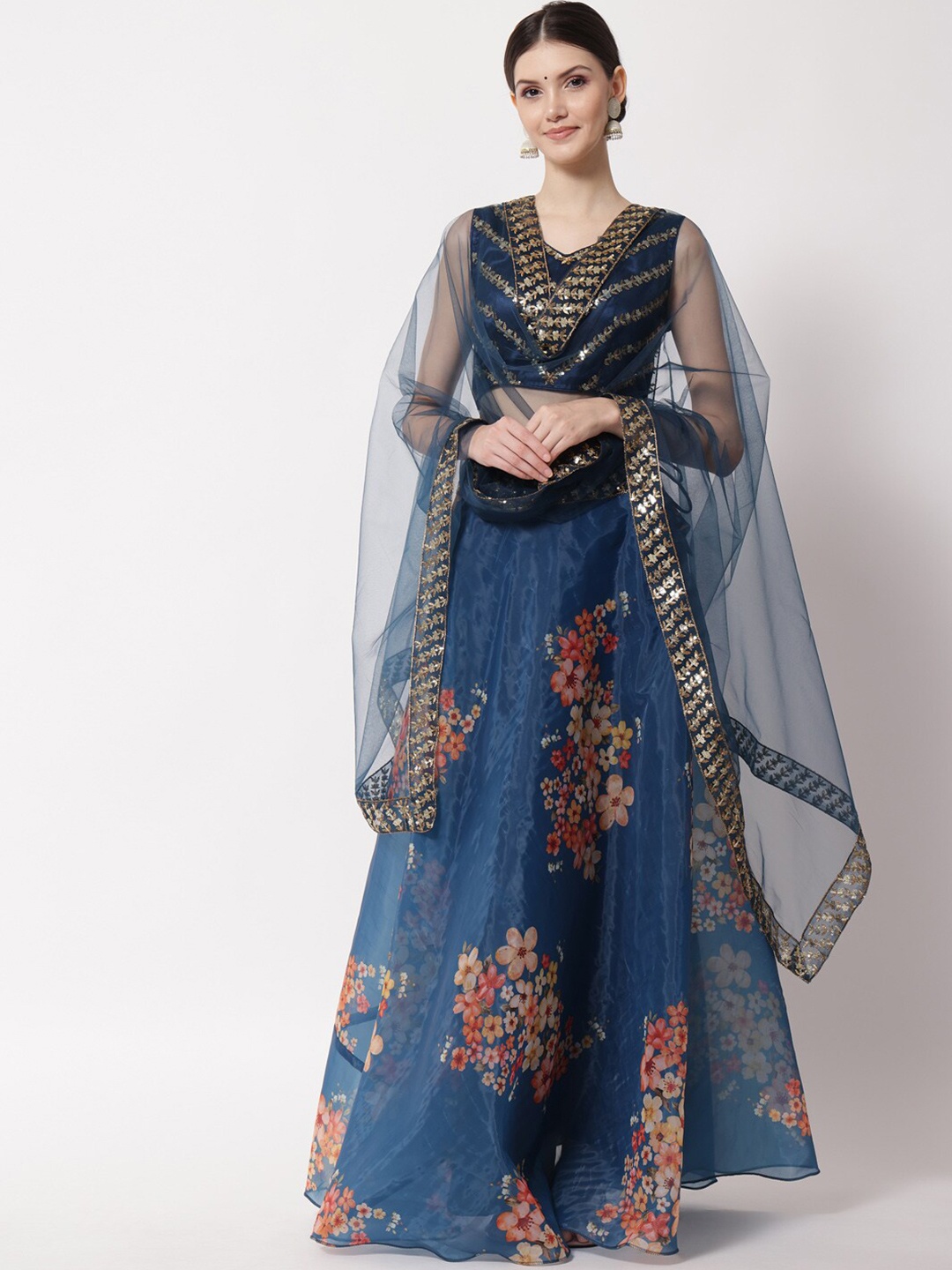 

Fabcartz Blue & Red Embroidered Ready to Wear Lehenga & Unstitched Blouse With Dupatta