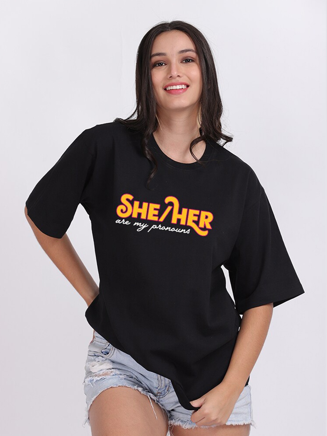 

Mad Over Print Women Black She/Her Typography Print Oversized T-shirt