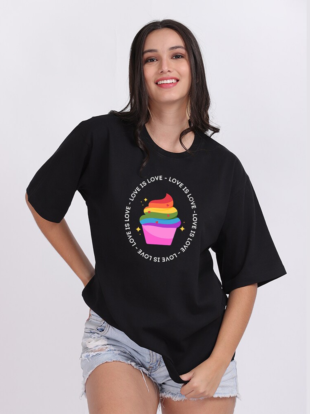 

Mad Over Print Women Black Love Is Love Typography Print Cotton Oversized T-shirt