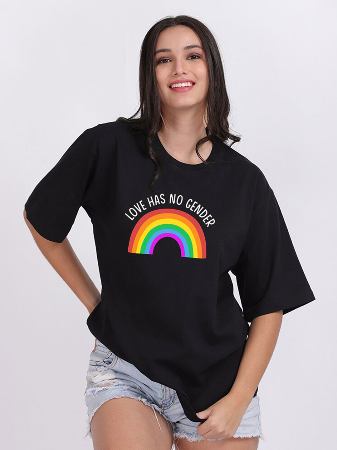 

Mad Over Print Women Black Printed Love Has No Gender Oversize T-shirt