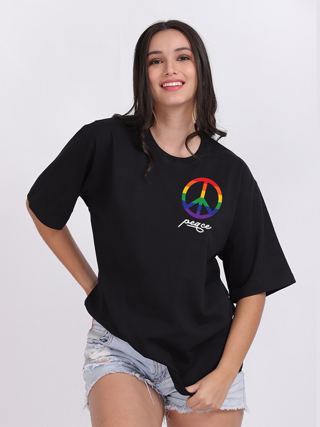 

Mad Over Print Women Black Printed Oversized T-shirt
