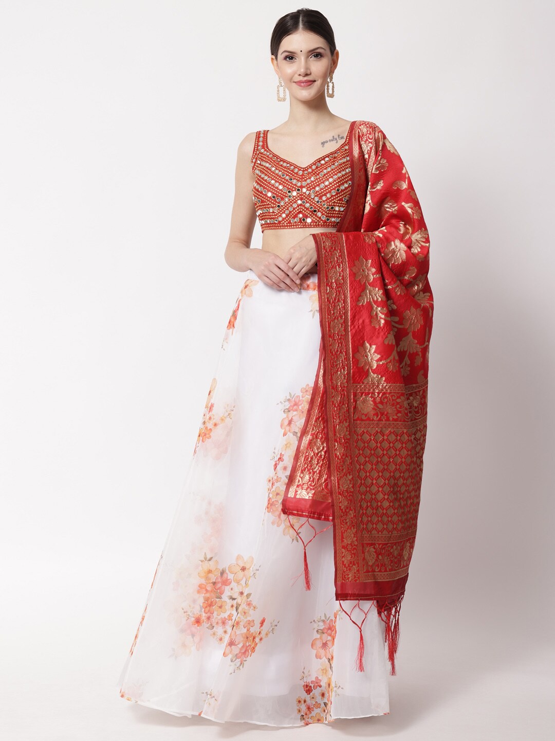 

DIVASTRI White & Gold-Toned Mirror Work Ready to Wear Lehenga & Unstitched Blouse With Dupatta