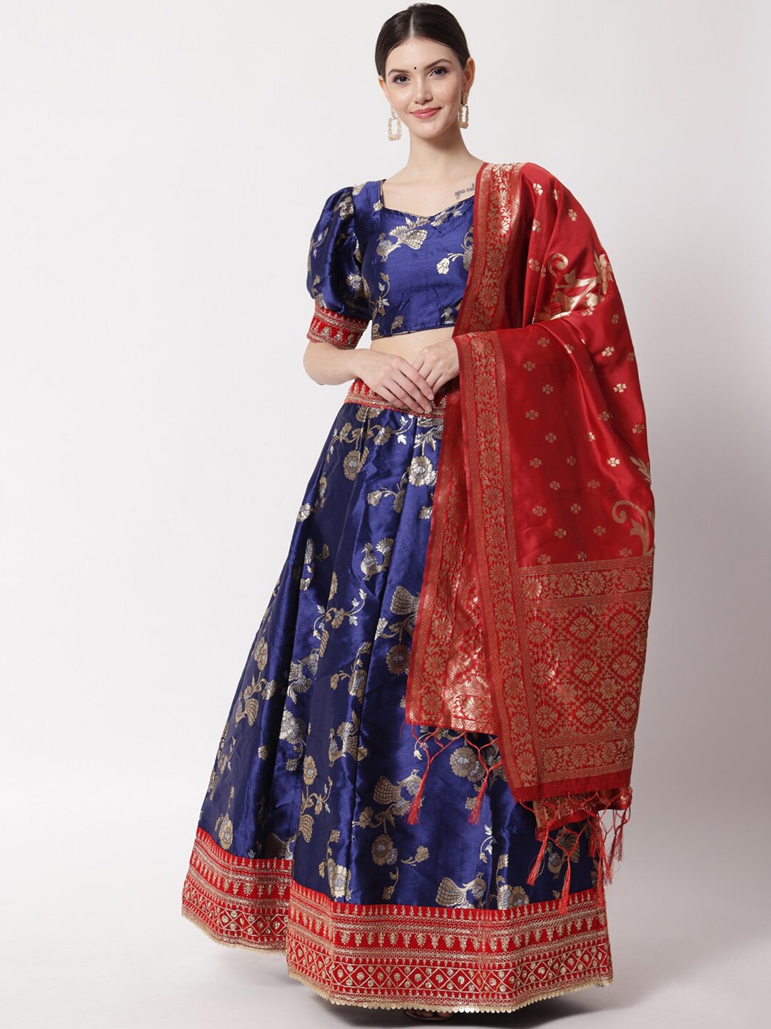 

DIVASTRI Navy Blue & Red Ready to Wear Lehenga & Unstitched Blouse With Dupatta