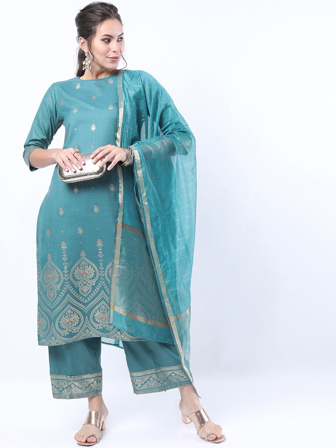 

KETCH Turquoise Blue Straight Kurta With Palazzo & With Dupatta
