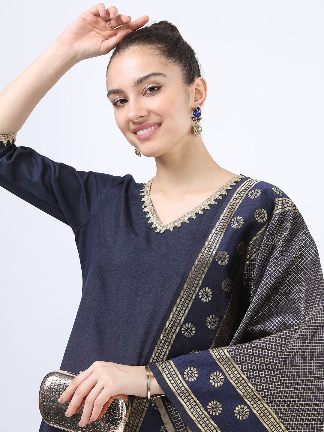 

Ketch Women Navy Blue Straight Kurta With Trousers & With Dupatta