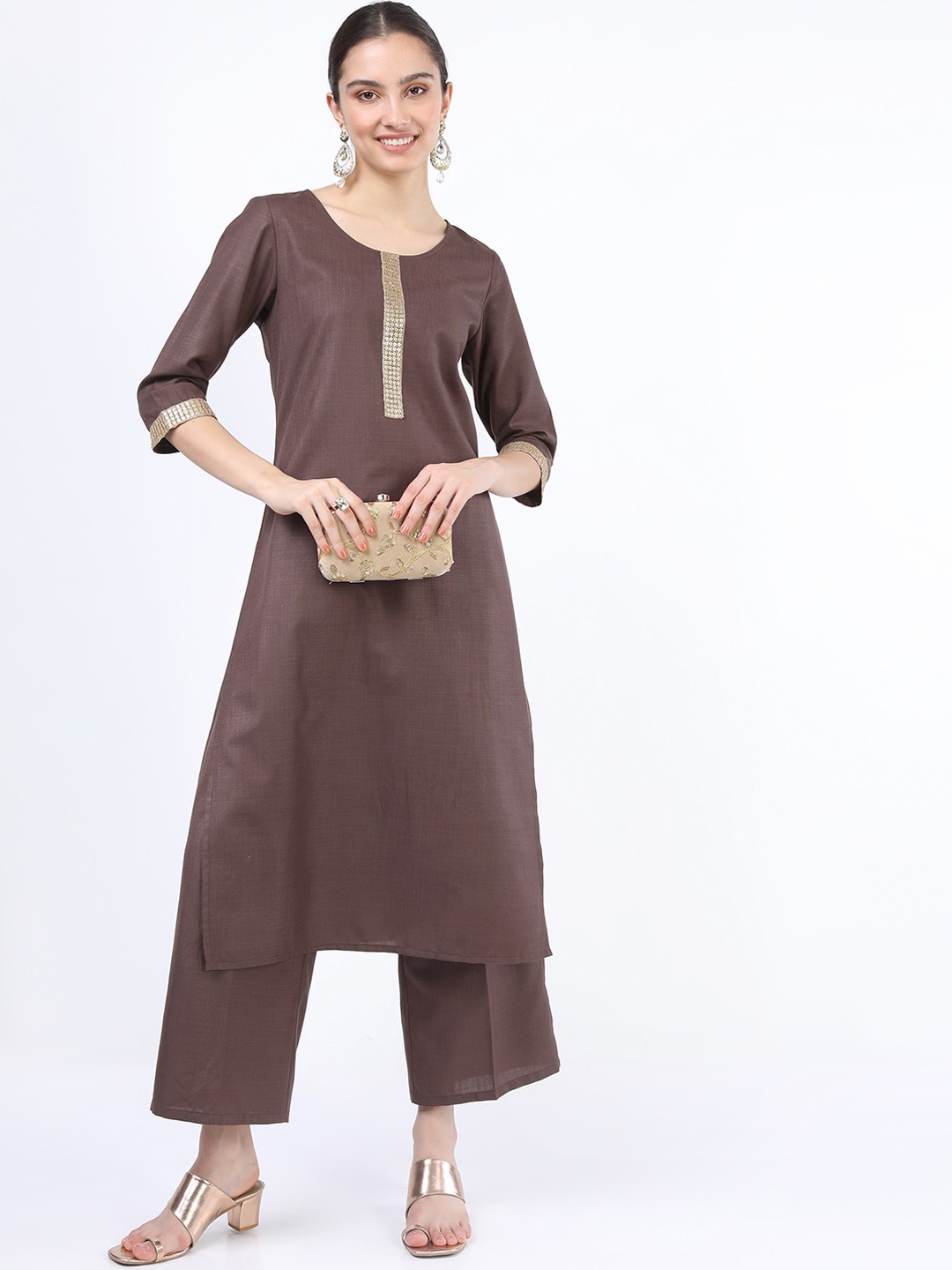 

KETCH Women Brown Woven Design Straight Kurta With Trousers