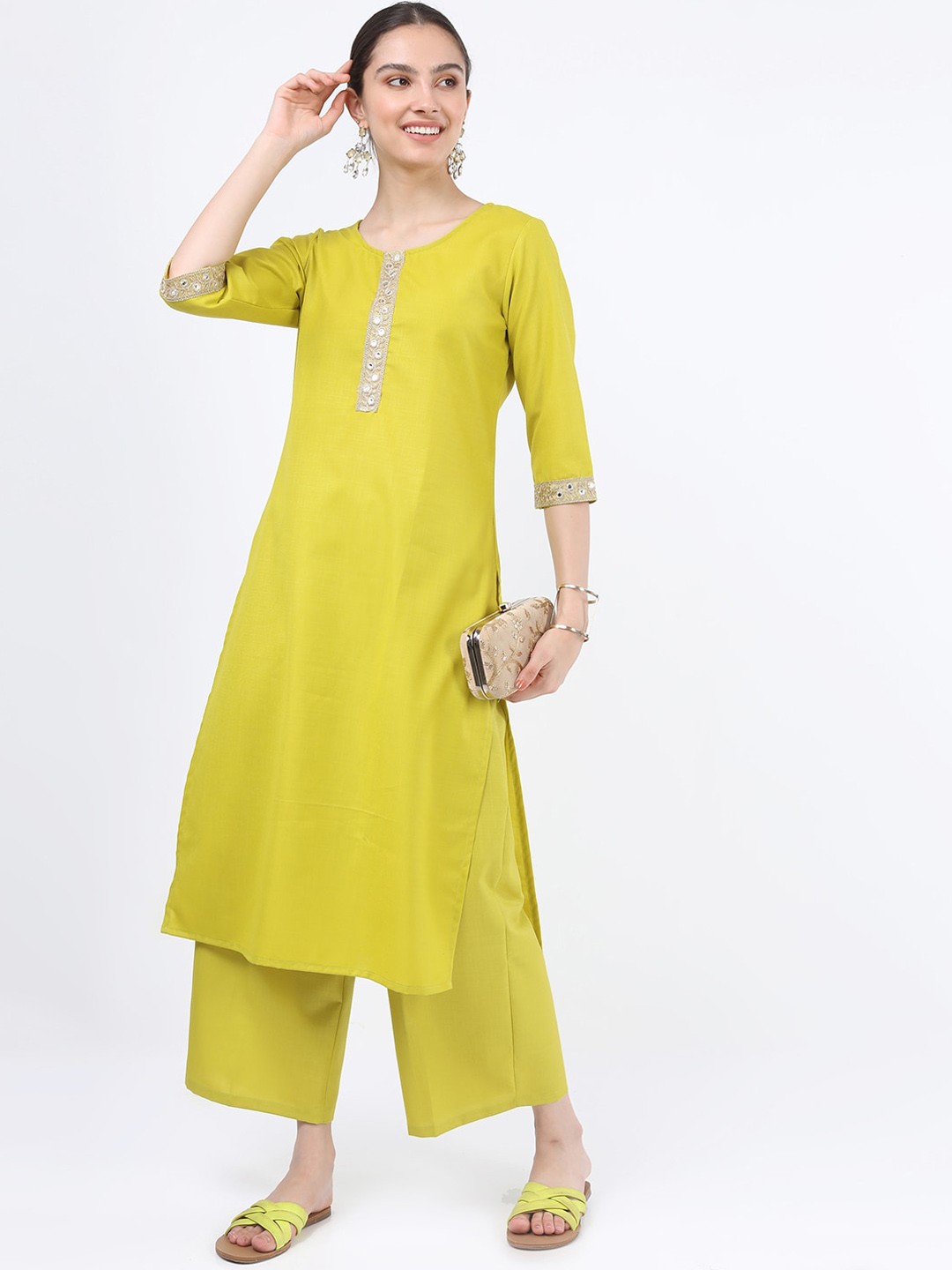 

KETCH Lime Green Woven Design Straight Kurta With Palazzos