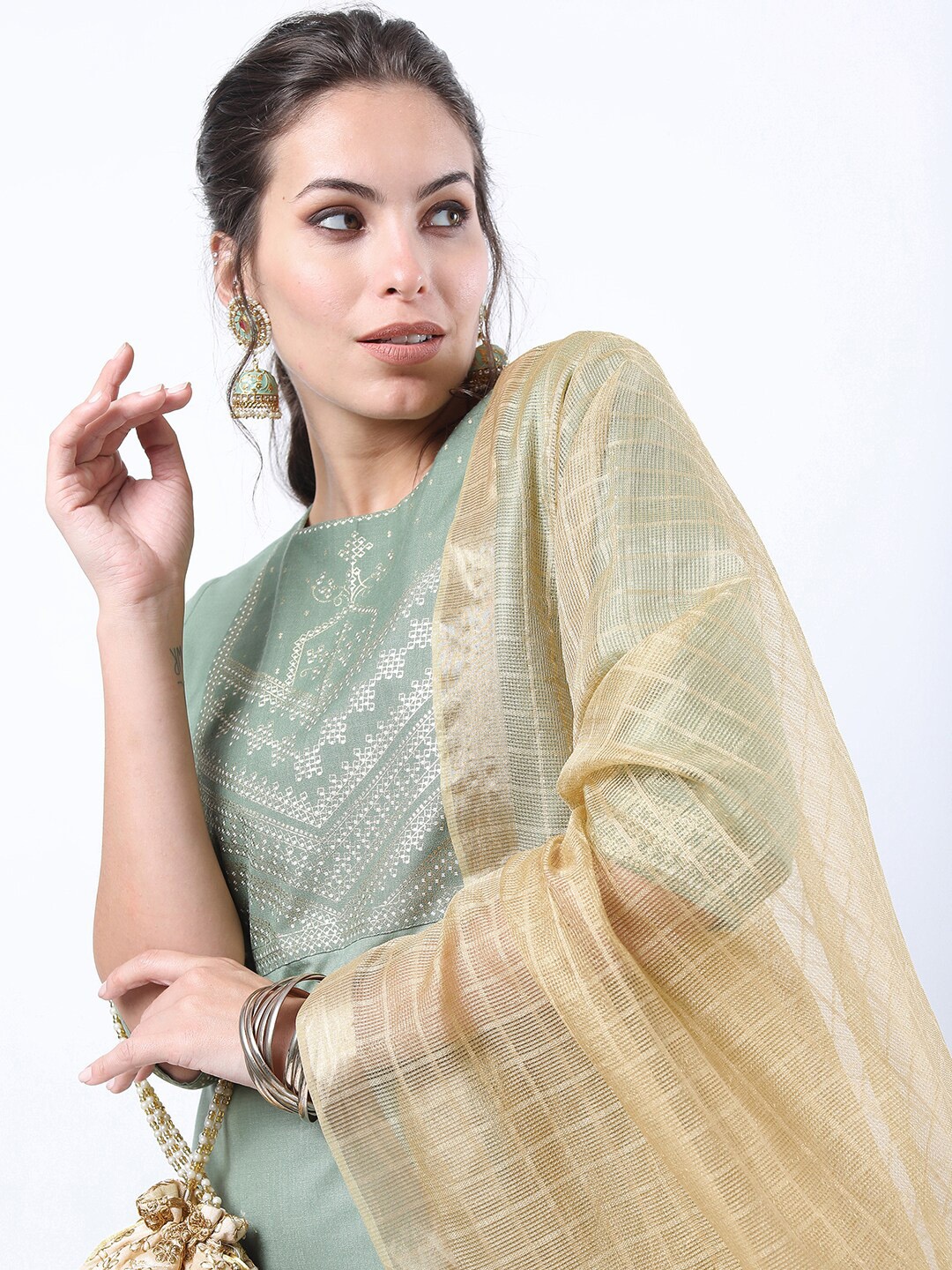 

KETCH Green Printed Straight Kurta With Trousers & With Dupatta