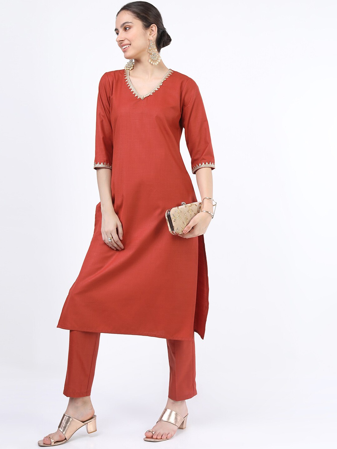 

KETCH Women Rust Sequinned Kurta with Trousers