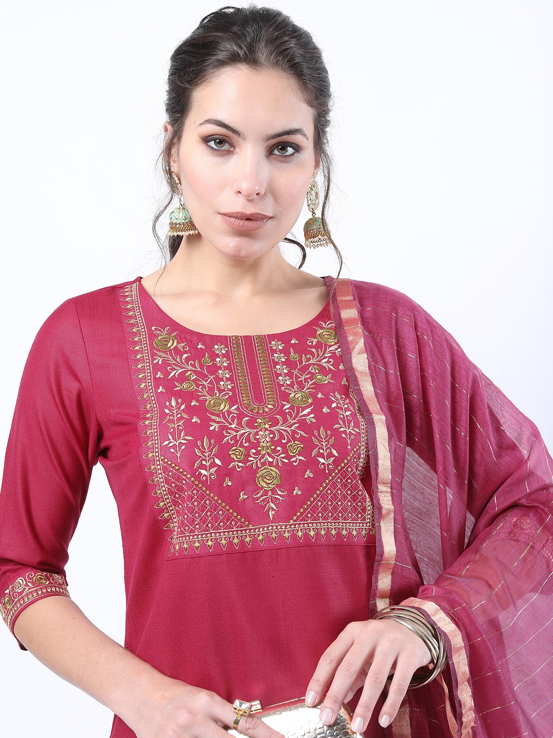 

KETCH Women Pink Embroidered Kurta with Trousers & With Dupatta