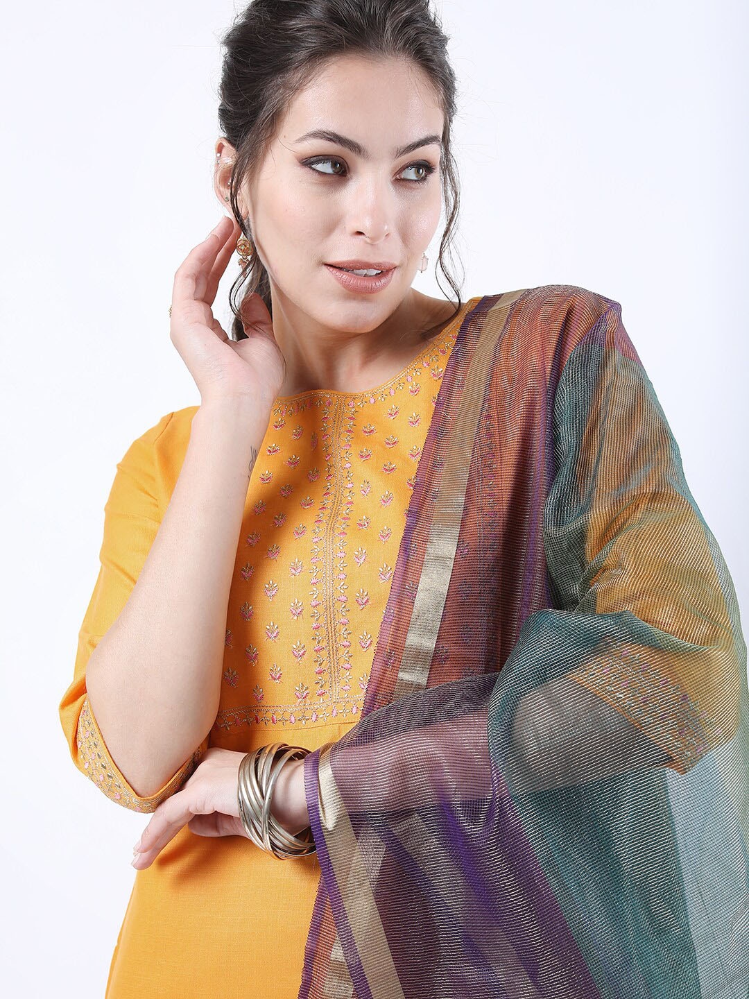 

KETCH Yellow Embrioderd Kurta With Palazzos & With Dupatta