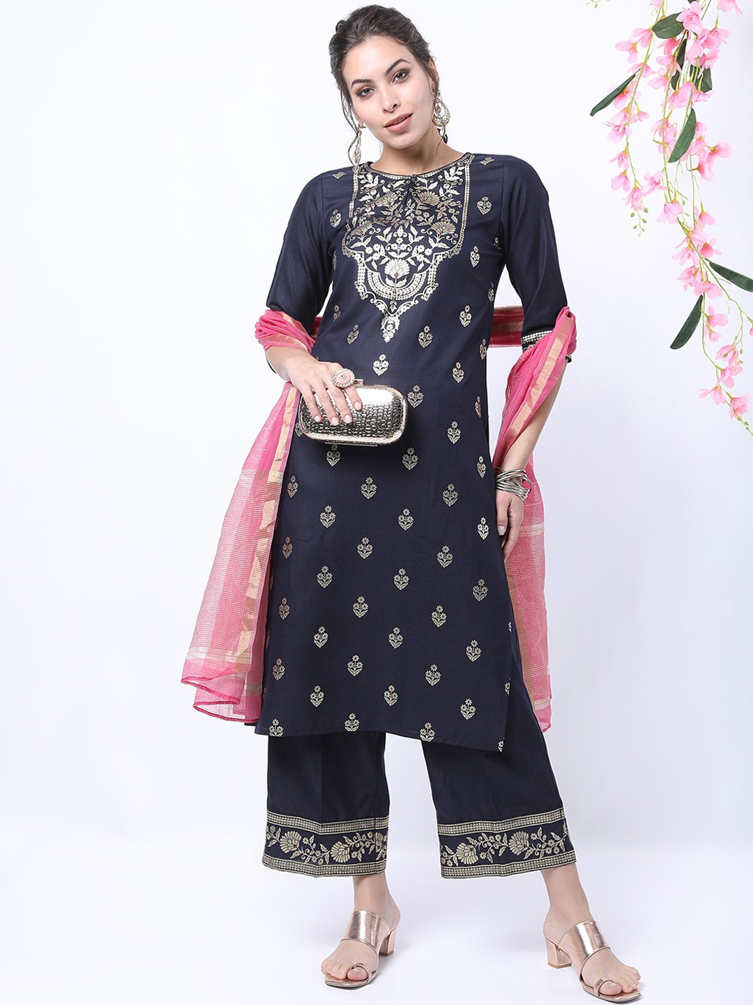 

Ketch Women Navy Blue Floral Kurta With Palazzos & With Dupatta