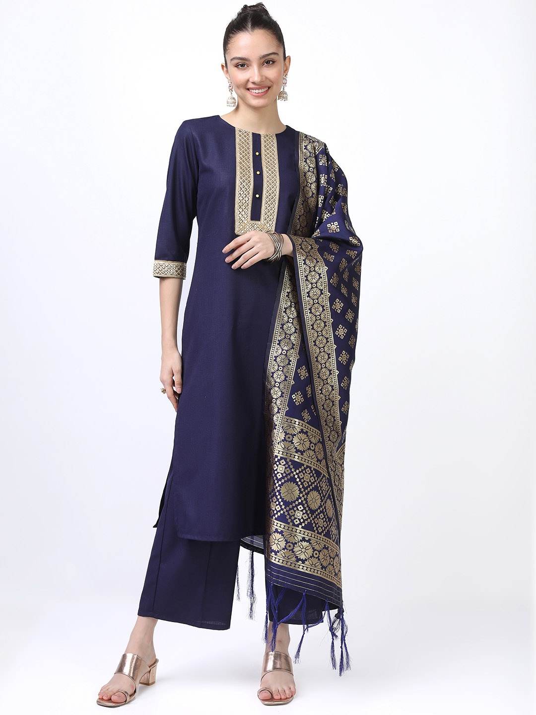 

KETCH Women Navy Blue Ethnic Motifs Yoke Design Straight Kurta With Palazzos & Dupatta