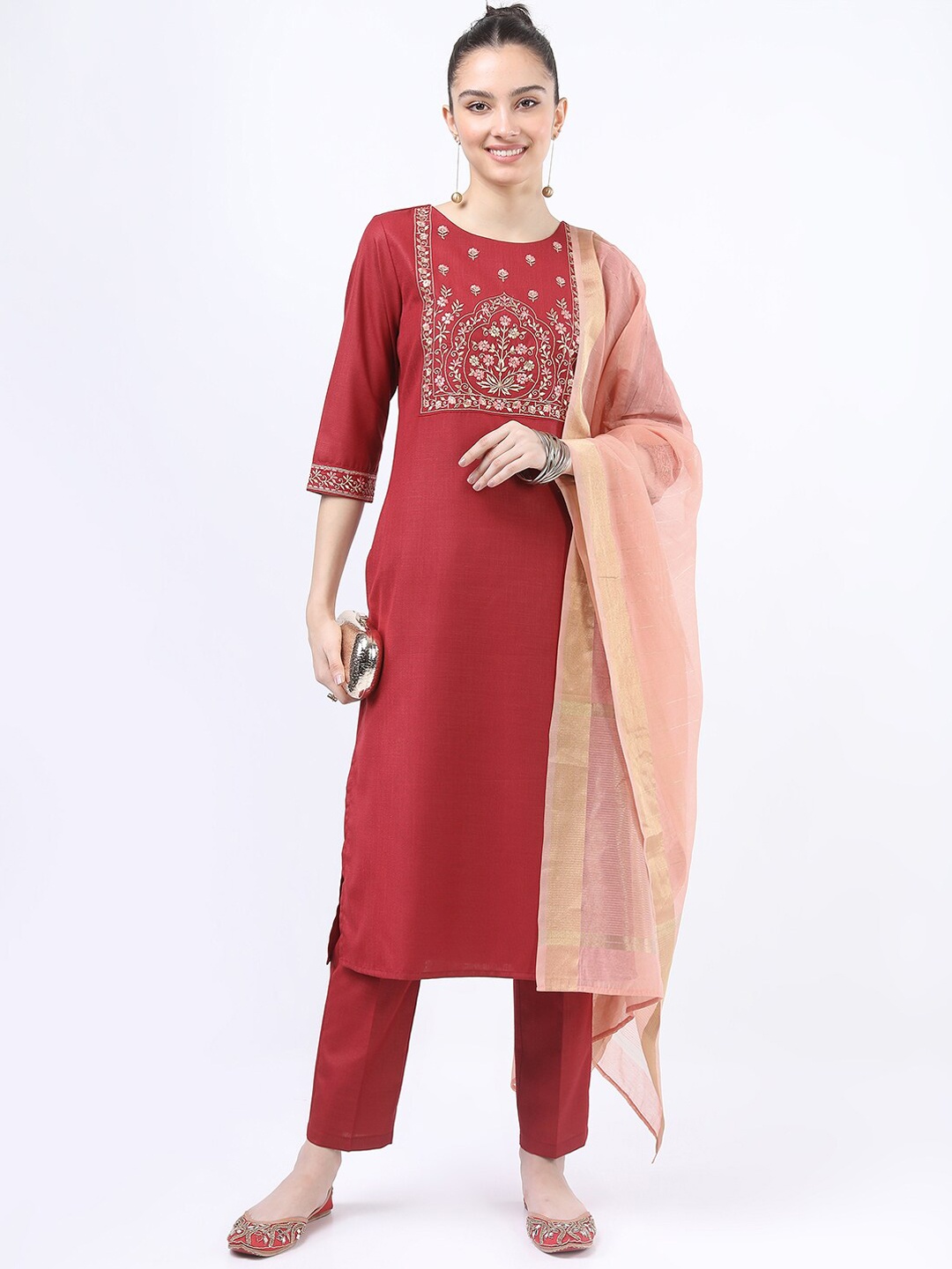 

KETCH Women Red Embroidered Panelled Kurti with Trousers & With Dupatta