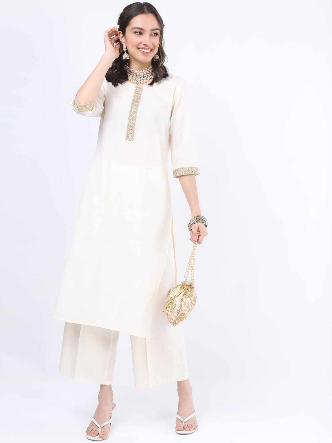 

Ketch Women Cream-Coloured Solid Straight Kurti With Palazzos