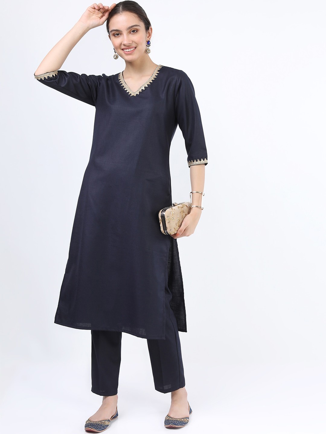 

KETCH Women Navy Blue V-Neck Kurta with Trousers