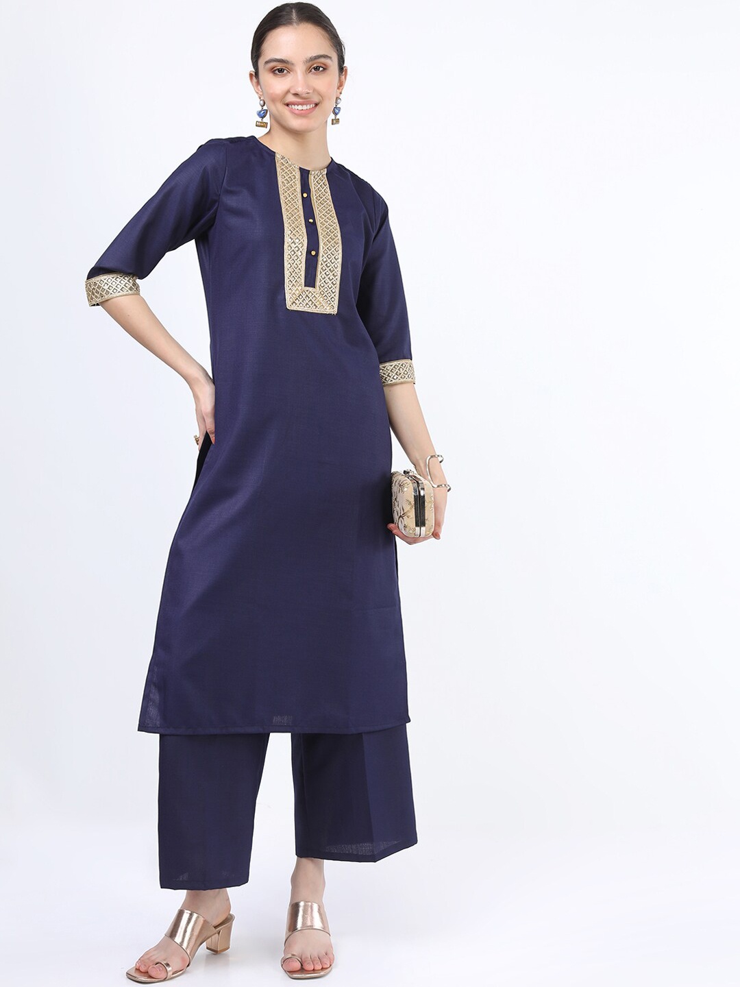 

Ketch Women Navy Blue Yoke Design Panelled Straight Kurta With Trousers