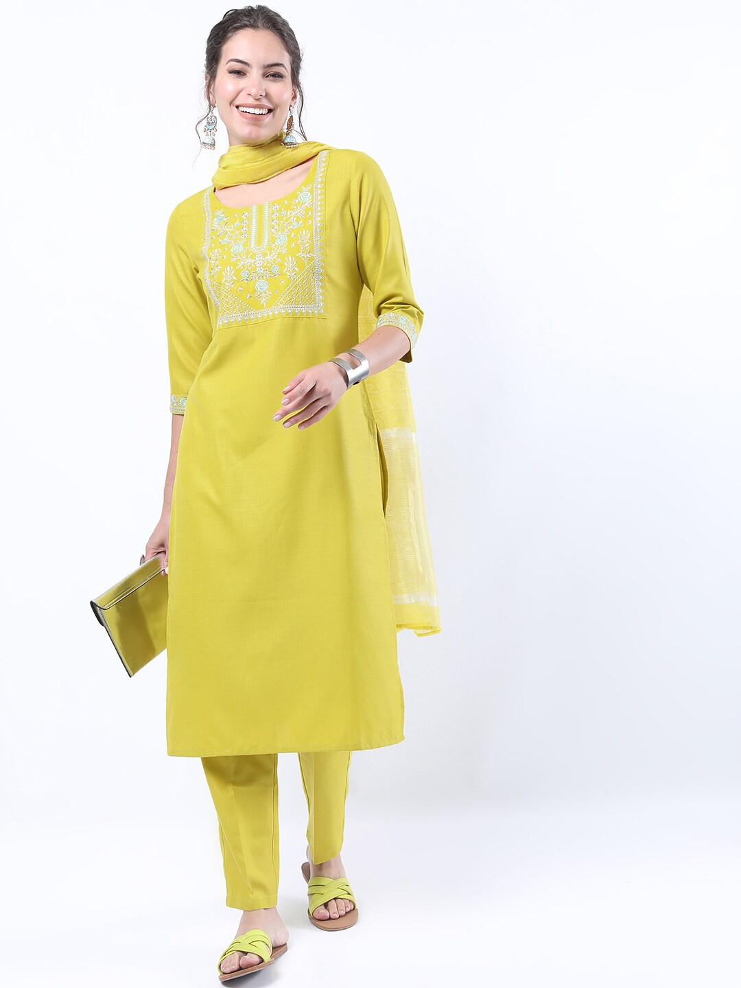 

KETCH Women Lime Green Embrioderd Kurta With Trousers & With Dupatta