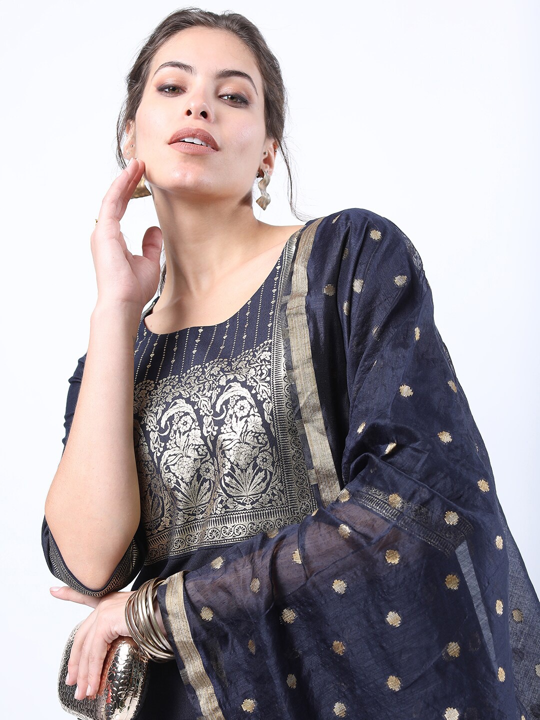 

Ketch Women Navy Blue Ethnic Motifs Straight Kurta With Palazzo & With Dupatta