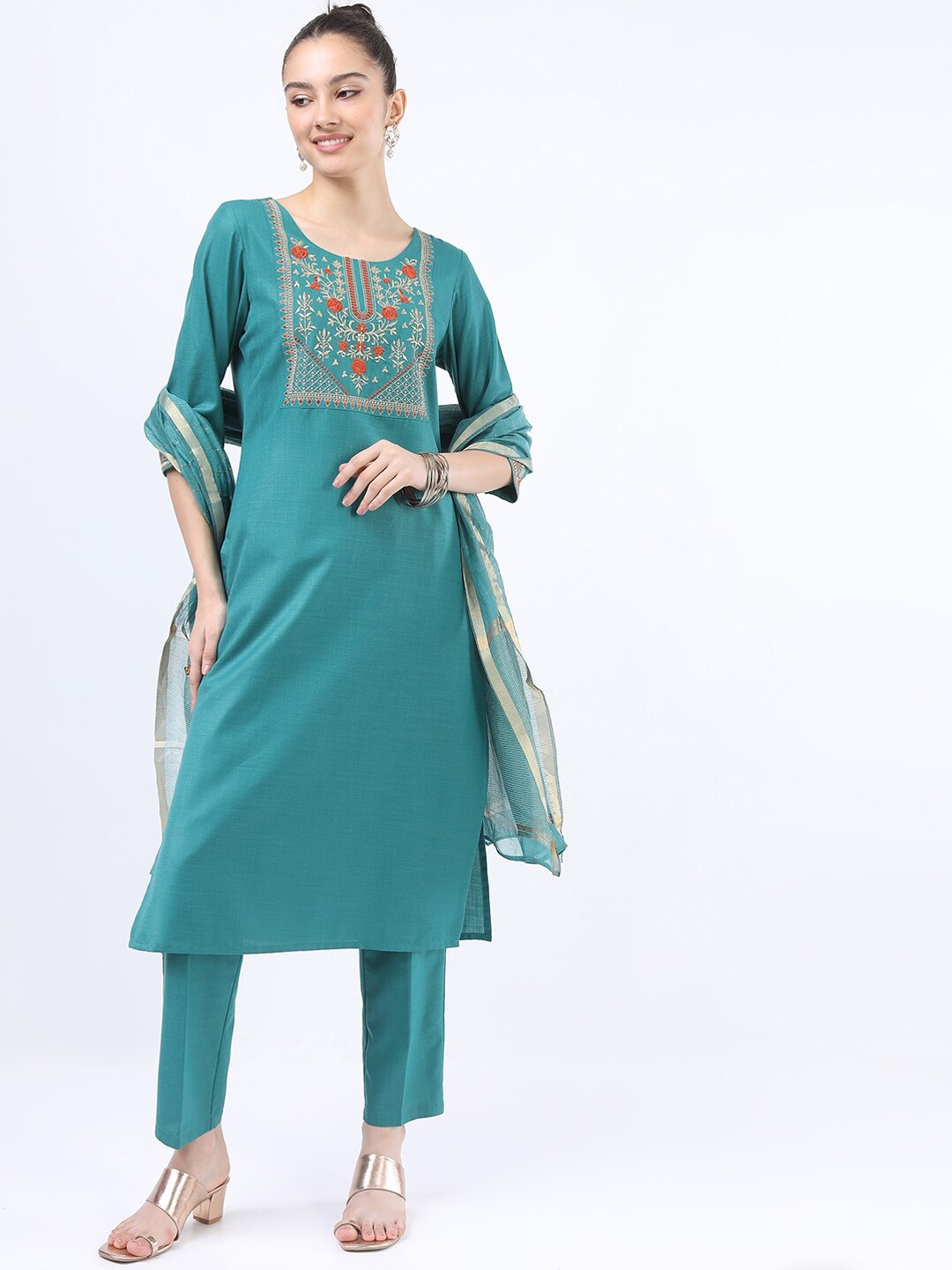 

KETCH Women's Green Embroidered Kurta With Trousers & Dupatta