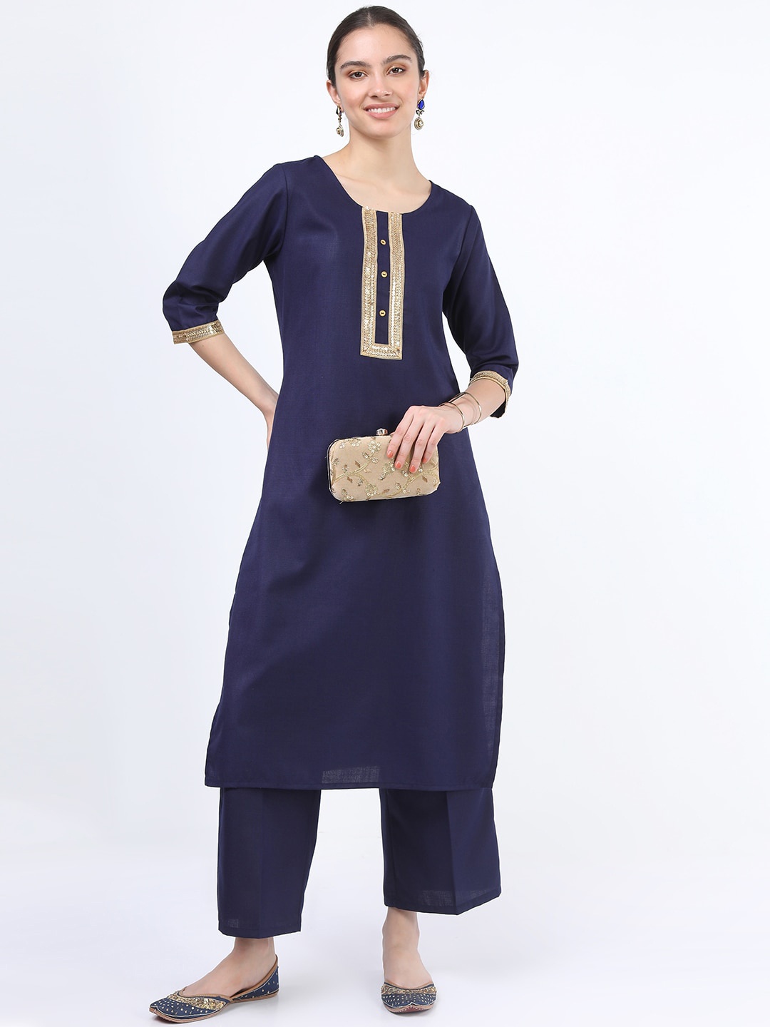 

Ketch Women Navy Blue Printed Straight Kurta With Trousers