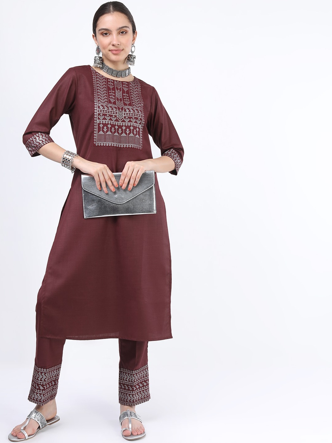

KETCH Burgundy Ethnic Motifs Straight Kurta With Trousers