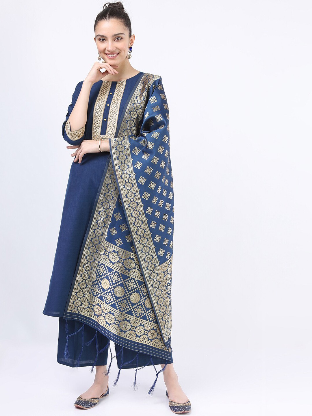 

KETCH Women Teal Panelled Kurta with Palazzos & With Dupatta